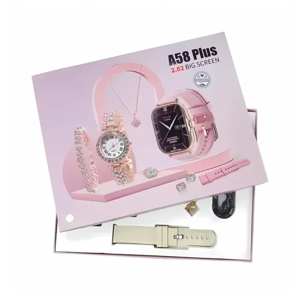 Best Smartwatch for Girls – A58 Plus with Jewelry Set (6-in-1)
