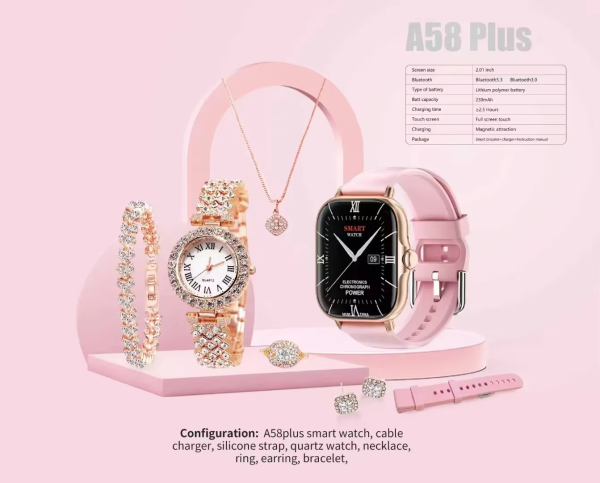 Best Smartwatch for Girls – A58 Plus with Jewelry Set (6-in-1)