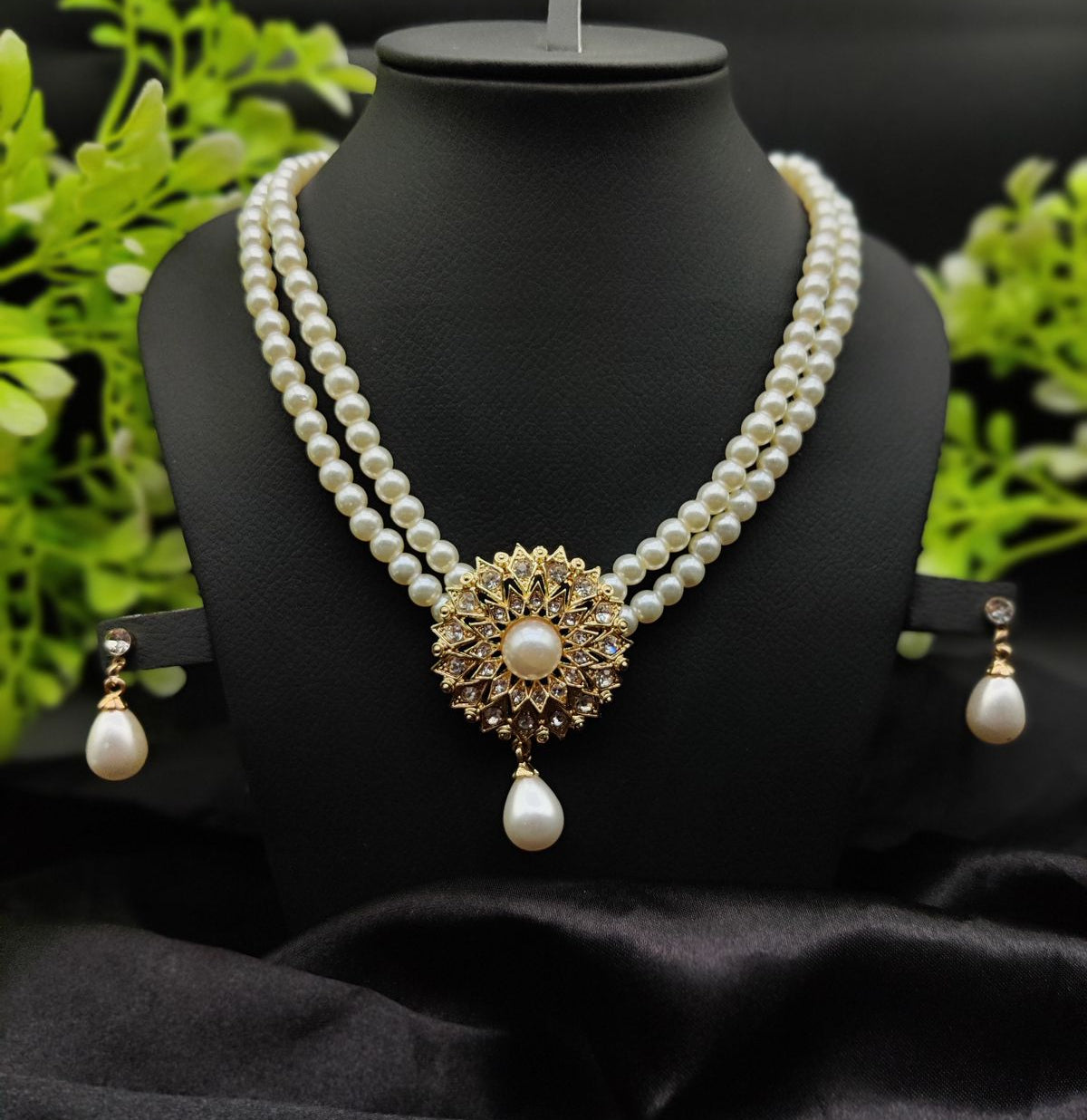 Imported Radiant Double-layered Pearl Necklace With Golden Sunburst Pendant | Girls & Women Fashion