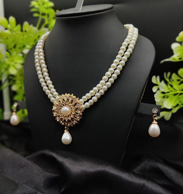 Imported Radiant Double-layered Pearl Necklace With Golden Sunburst Pendant | Girls & Women Fashion